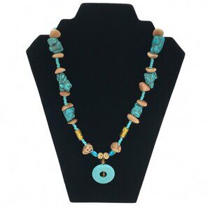 Chunky Turquoise and Donut Pendant Necklace Agates Glass Stone Beads Vintage